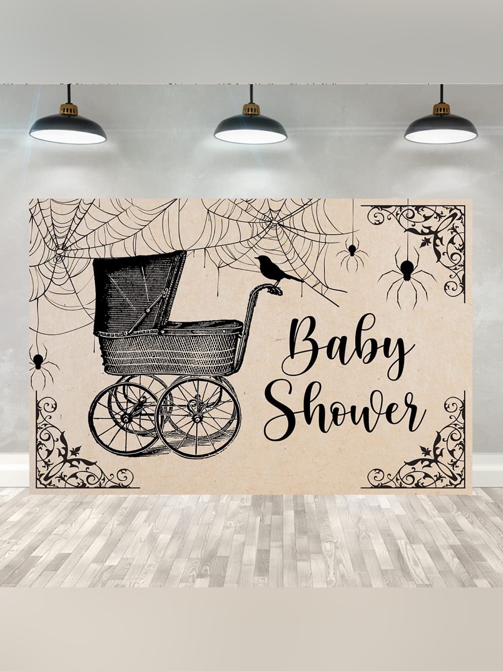Halloween Baby Shower Backdrop 5x3ft Vintage Baby Carriage Spider Web